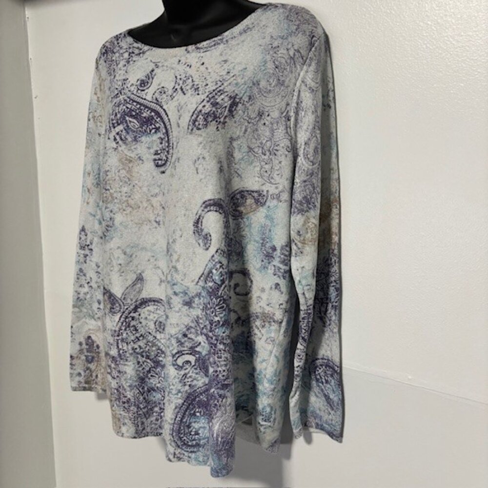 Chico's 1 M Paisley Metallic Shimmer Knit Top Blue Purple Silver Long Sleeve - Picture 3 of 7